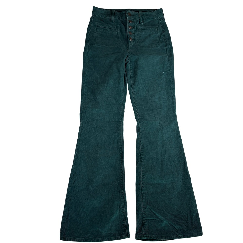 American Eagle Teal Green Corduroy Super Hi-Rise Flare Pants Button Fly Size 2